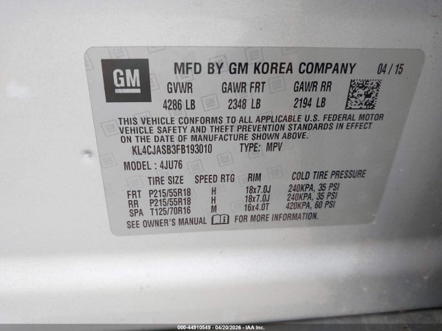 44910549 :رقم المزاد ، KL4CJASB3FB193010 vin ، 2015 Buick Encore مزاد بيع