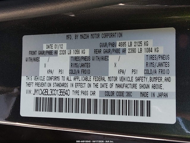 Продажа на аукционе авто 2012 Mazda Mazda5 Sport, vin: JM1CW2BL3C0135640, номер лота: 44910548