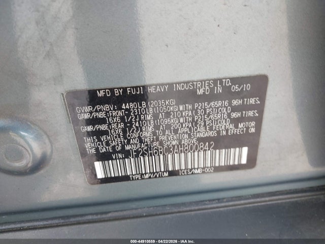 Aukcja sprzedaży 2010 Subaru Forester 2.5x, vin: JF2SH6BC3AH800842, numer aukcji: 44910559