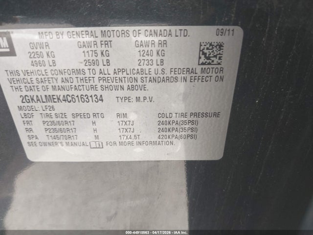 2012 Gmc Terrain Sle-1 მანქანა იყიდება აუქციონზე, vin: 2GKALMEK4C6163134, აუქციონის ნომერი: 44910563