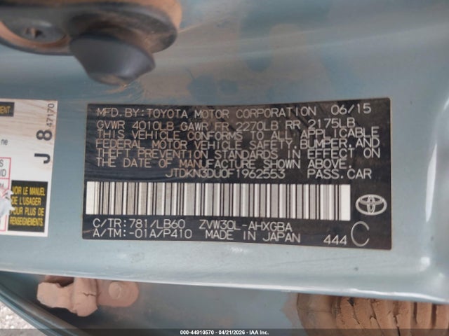 Продажа на аукционе авто 2015 Toyota Prius Four, vin: JTDKN3DU0F1962553, номер лота: 44910570