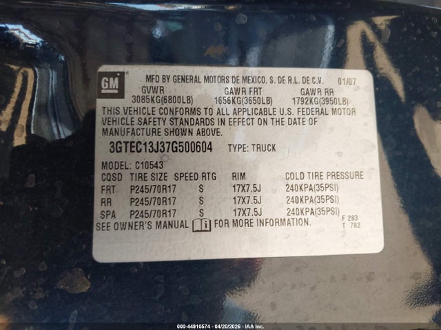 Aukcja sprzedaży 2007 Gmc Sierra 1500 Sle2, vin: 3GTEC13J37G500604, numer aukcji: 44910574