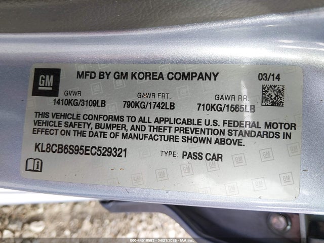 44910583 :رقم المزاد ، KL8CB6S95EC529321 vin ، 2014 Chevrolet Spark Ls Auto مزاد بيع