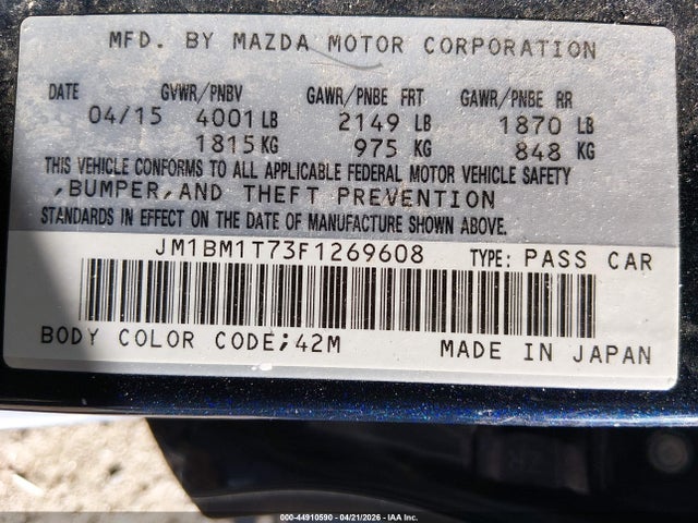 44910590 :رقم المزاد ، JM1BM1T73F1269608 vin ، 2015 Mazda Mazda3 I Sv مزاد بيع