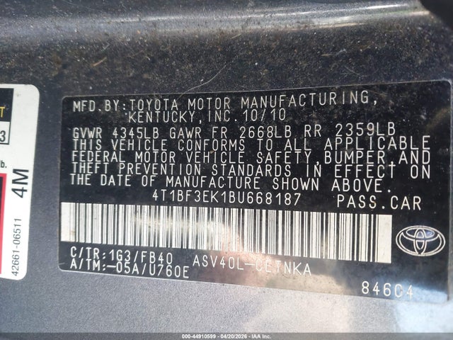 2011 Toyota Camry Le მანქანა იყიდება აუქციონზე, vin: 4T1BF3EK1BU668187, აუქციონის ნომერი: 44910599