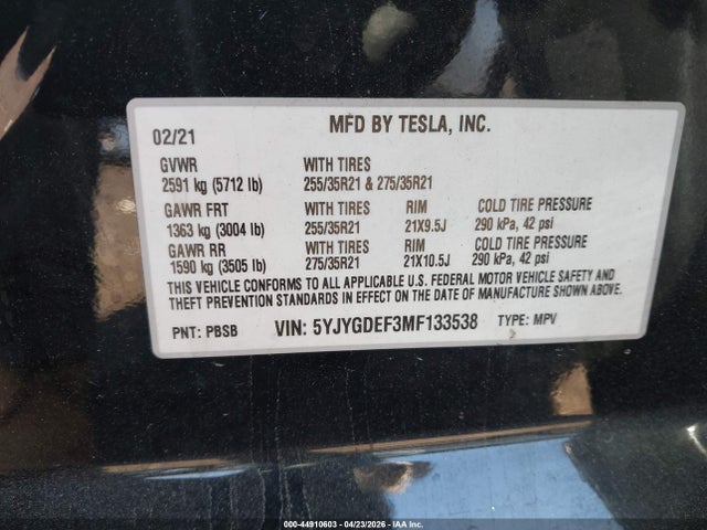 Aukcja sprzedaży 2021 Tesla Model Y Performance Dual Motor All-wheel Drive, vin: 5YJYGDEF3MF133538, numer aukcji: 44910603