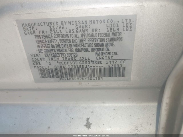 Продажа на аукционе авто 2022 Nissan Sentra Sv Xtronic Cvt, vin: 3N1AB8CV7NY306729, номер лота: 44910619