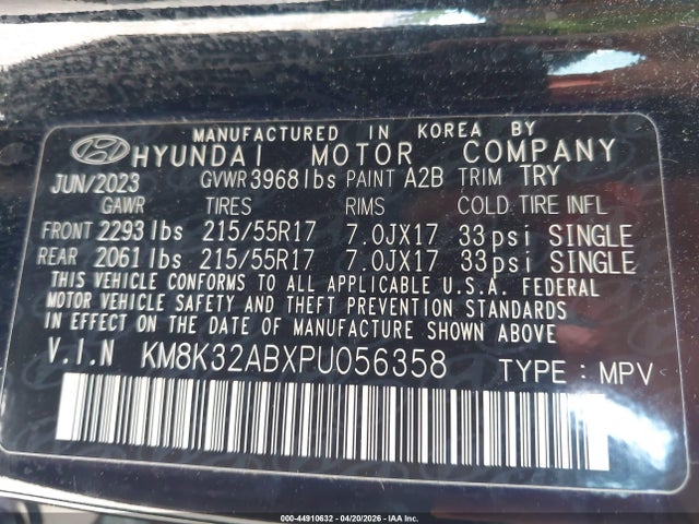 Aukcja sprzedaży 2023 Hyundai Kona Sel, vin: KM8K32ABXPU056358, numer aukcji: 44910632