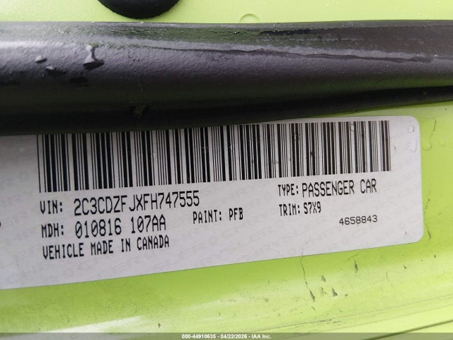 2015 Dodge Challenger R/t Scat Pack მანქანა იყიდება აუქციონზე, vin: 2C3CDZFJXFH747555, აუქციონის ნომერი: 44910635
