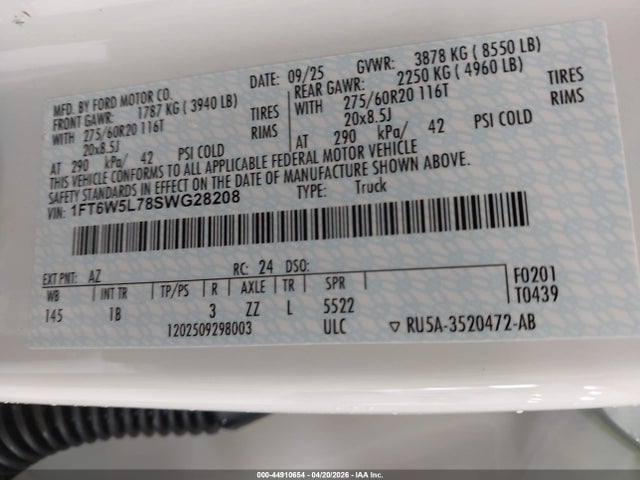 2025 Ford F-150 Lightning Lariat მანქანა იყიდება აუქციონზე, vin: 1FT6W5L78SWG28208, აუქციონის ნომერი: 44910654