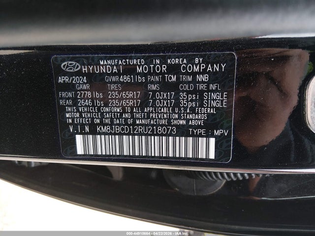 2024 Hyundai Tucson Hybrid Blue მანქანა იყიდება აუქციონზე, vin: KM8JBCD12RU218073, აუქციონის ნომერი: 44910664