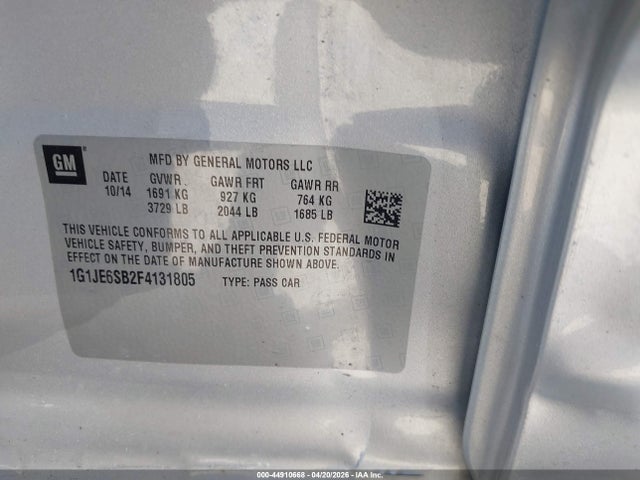 2015 Chevrolet Sonic Ltz Auto მანქანა იყიდება აუქციონზე, vin: 1G1JE6SB2F4131805, აუქციონის ნომერი: 44910668