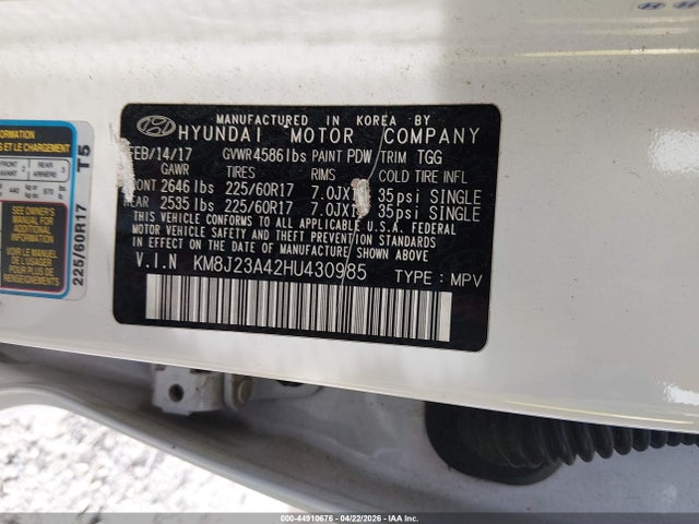 Aukcja sprzedaży 2017 Hyundai Tucson Se, vin: KM8J23A42HU430985, numer aukcji: 44910676