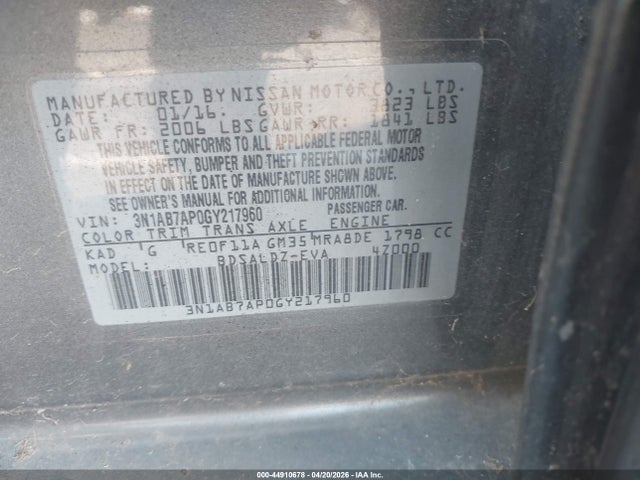 44910678 :رقم المزاد ، 3N1AB7AP0GY217960 vin ، 2016 Nissan Sentra Sv مزاد بيع