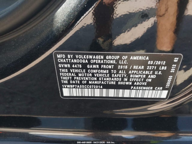 2012 Volkswagen Passat 2.5l Se მანქანა იყიდება აუქციონზე, vin: 1VWBP7A3XCC072314, აუქციონის ნომერი: 44910689