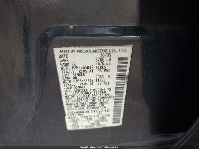 Продажа на аукционе авто 2006 Nissan Xterra Se, vin: 5N1AN08U16C505240, номер лота: 44910709