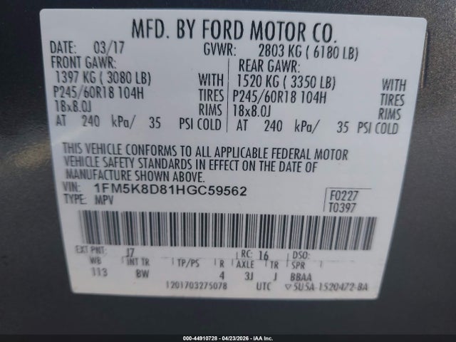 44910728 :رقم المزاد ، 1FM5K8D81HGC59562 vin ، 2017 Ford Explorer Xlt مزاد بيع