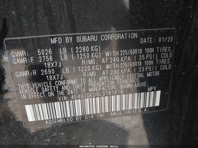 2020 Subaru Outback Onyx Edition Xt მანქანა იყიდება აუქციონზე, vin: 4S4BTGKD0L3181818, აუქციონის ნომერი: 44910730