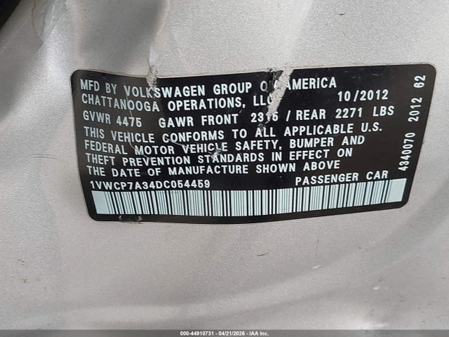 2013 Volkswagen Passat 2.5l Sel Premium მანქანა იყიდება აუქციონზე, vin: 1VWCP7A34DC054459, აუქციონის ნომერი: 44910731