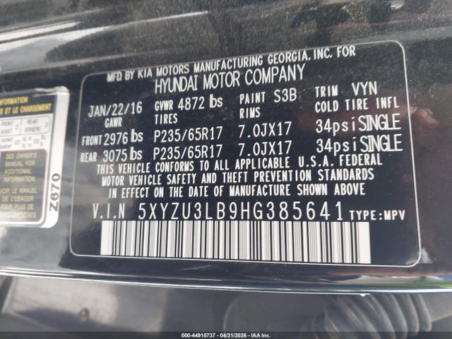5XYZU3LB9HG385641 Hyundai Santa Fe Sport 2.4l