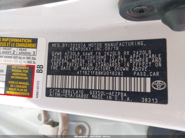 Toyota AVALON LIMITED 2019 4T1BZ1FB8KU018282 Image 9