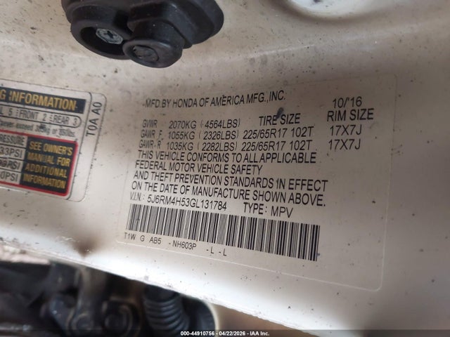44910756 :رقم المزاد ، 5J6RM4H53GL131784 vin ، 2016 Honda Cr-v Ex مزاد بيع
