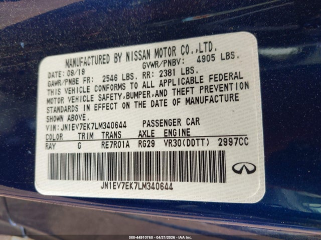 Продаж на аукціоні авто 2020 Infiniti Q60 Luxe, vin: JN1EV7EK7LM340644, номер лоту: 44910760