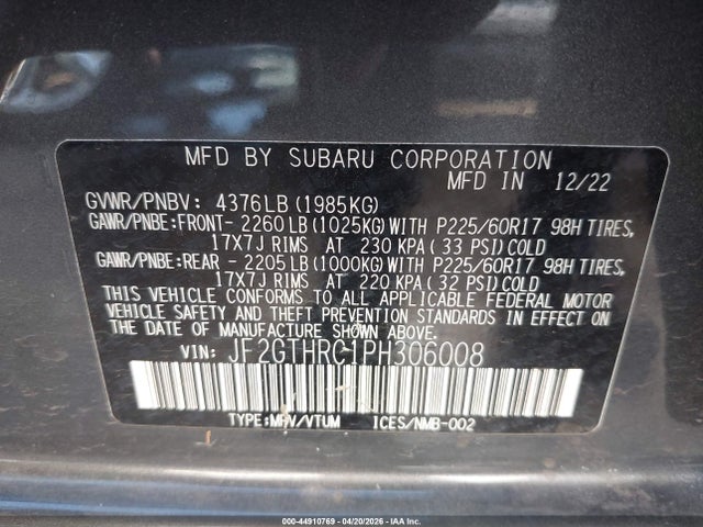 Продаж на аукціоні авто 2023 Subaru Crosstrek Sport, vin: JF2GTHRC1PH306008, номер лоту: 44910769