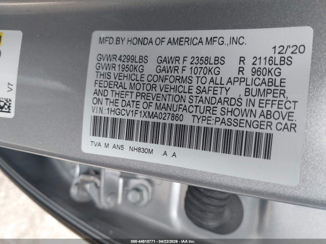 Aukcja sprzedaży 2021 Honda Accord Lx, vin: 1HGCV1F1XMA027860, numer aukcji: 44910771