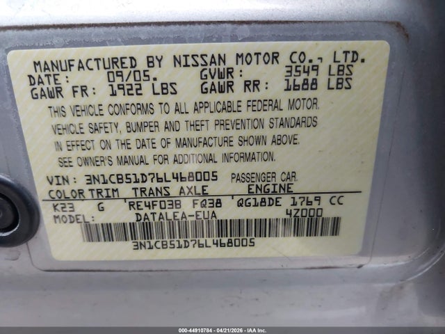 Aukcja sprzedaży 2006 Nissan Sentra 1.8s, vin: 3N1CB51D76L468005, numer aukcji: 44910784