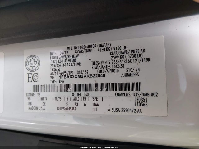 Aukcja sprzedaży 2019 Ford Transit-350 Xl, vin: 1FBAX2CM2KKB22848, numer aukcji: 44910801