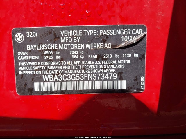 Продажа на аукционе авто 2015 Bmw 320i Xdrive, vin: WBA3C3G53FNS73479, номер лота: 44910809