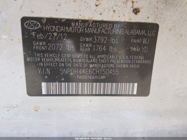Aukcja sprzedaży 2012 Hyundai Elantra Limited, vin: 5NPDH4AE6CH150455, numer aukcji: 44910816