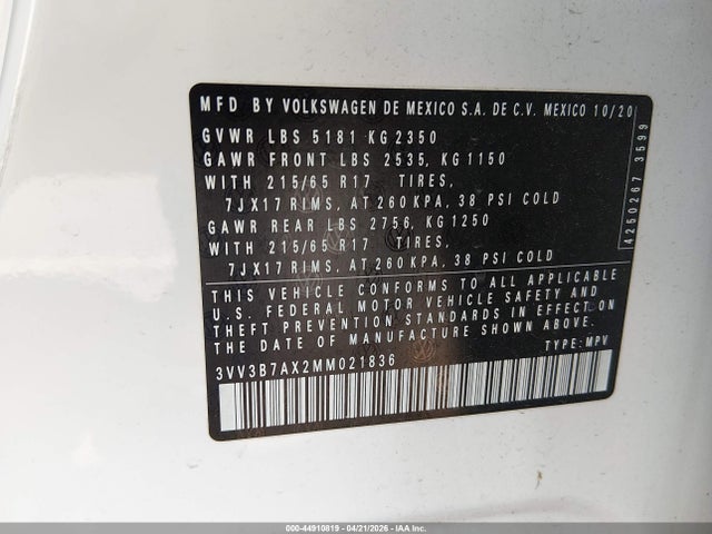 Продажа на аукционе авто 2021 Volkswagen Tiguan 2.0t Se/2.0t Se R-line Black/2.0t Sel, vin: 3VV3B7AX2MM021836, номер лота: 44910819