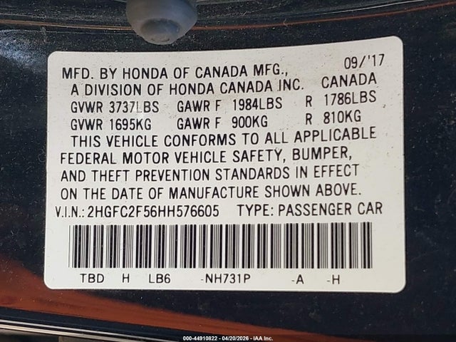 Auction sale of the 2017 Honda Civic Lx, vin: 2HGFC2F56HH576605, lot number: 44910822