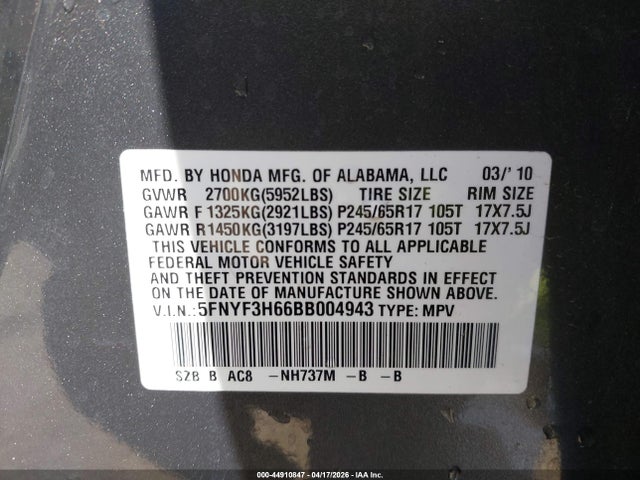 2011 Honda Pilot Ex-l მანქანა იყიდება აუქციონზე, vin: 5FNYF3H66BB004943, აუქციონის ნომერი: 44910847