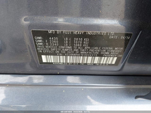 4S3BMBN61E3034315 Subaru Legacy 2.5i Limited