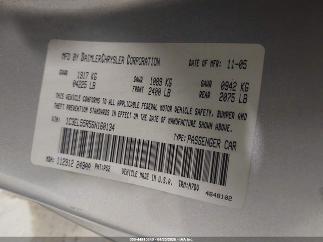 2006 Chrysler Sebring Touring მანქანა იყიდება აუქციონზე, vin: 1C3EL55R56N160134, აუქციონის ნომერი: 44910849