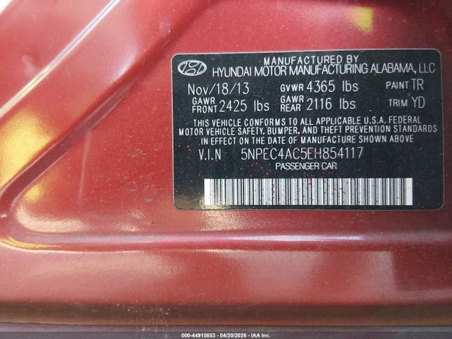 44910853 :رقم المزاد ، 5NPEC4AC5EH854117 vin ، 2014 Hyundai Sonata Limited مزاد بيع