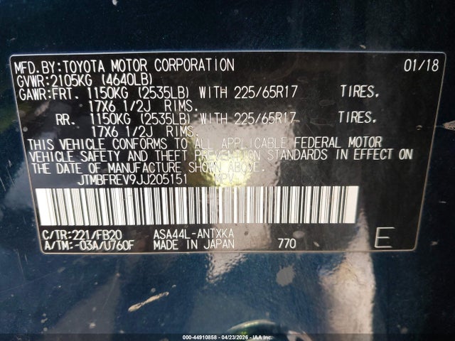 2018 Toyota Rav4 Le მანქანა იყიდება აუქციონზე, vin: JTMBFREV9JJ205151, აუქციონის ნომერი: 44910858