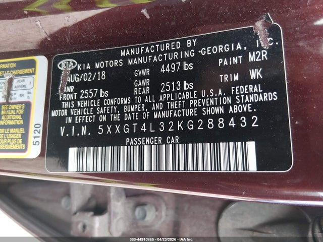 2019 Kia Optima Lx მანქანა იყიდება აუქციონზე, vin: 5XXGT4L32KG288432, აუქციონის ნომერი: 44910865
