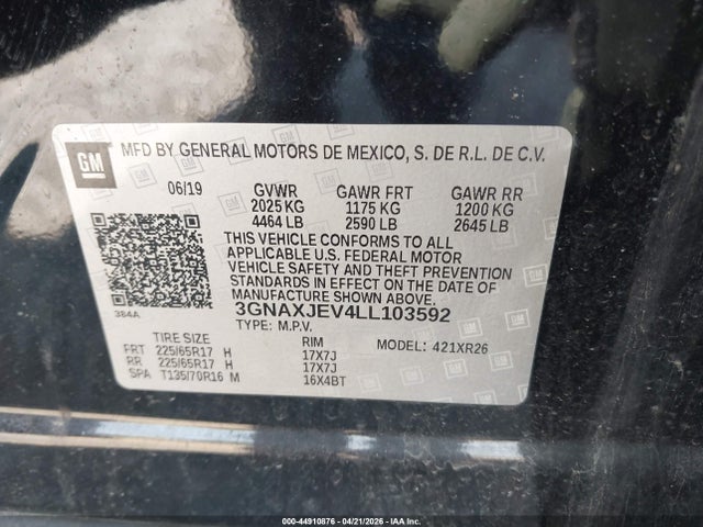 Aukcja sprzedaży 2020 Chevrolet Equinox Fwd 2fl, vin: 3GNAXJEV4LL103592, numer aukcji: 44910876