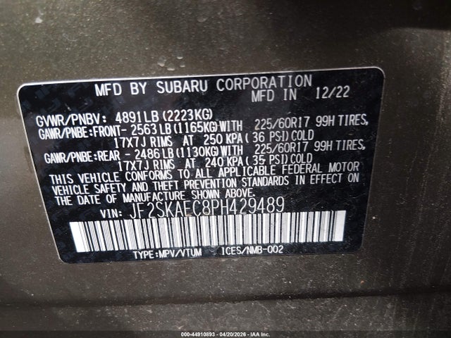 Aukcja sprzedaży 2023 Subaru Forester Premium, vin: JF2SKAEC8PH429489, numer aukcji: 44910893