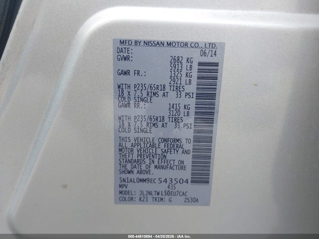 2014 Infiniti Qx60 მანქანა იყიდება აუქციონზე, vin: 5N1AL0MM9EC543504, აუქციონის ნომერი: 44910894