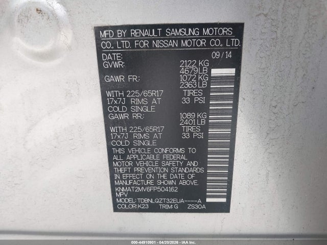 Продаж на аукціоні авто 2015 Nissan Rogue Sv, vin: KNMAT2MV6FP504162, номер лоту: 44910901