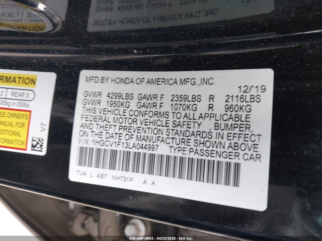 Продаж на аукціоні авто 2020 Honda Accord Lx, vin: 1HGCV1F13LA044997, номер лоту: 44910903
