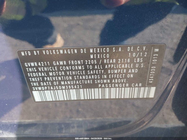 Продаж на аукціоні авто 2013 Volkswagen Jetta 2.5l Se, vin: 3VWDP7AJ5DM395421, номер лоту: 44910904