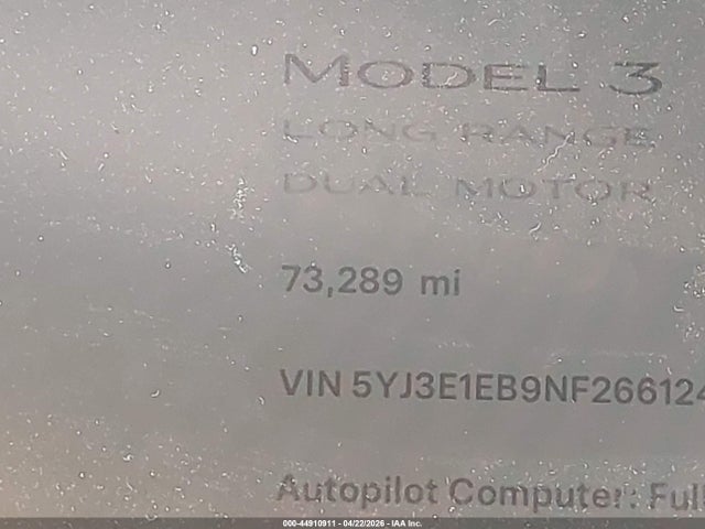 5YJ3E1EB9NF266124 Tesla Model 3 Long Range Dual Motor All-wheel Drive
