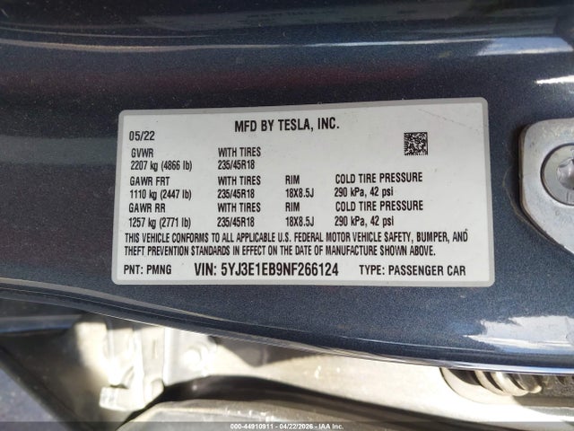 5YJ3E1EB9NF266124 Tesla Model 3 Long Range Dual Motor All-wheel Drive