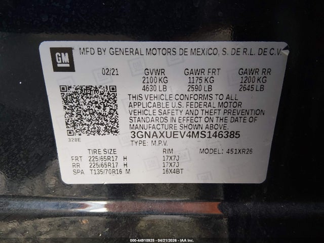 2021 Chevrolet Equinox Awd Lt მანქანა იყიდება აუქციონზე, vin: 3GNAXUEV4MS146385, აუქციონის ნომერი: 44910925